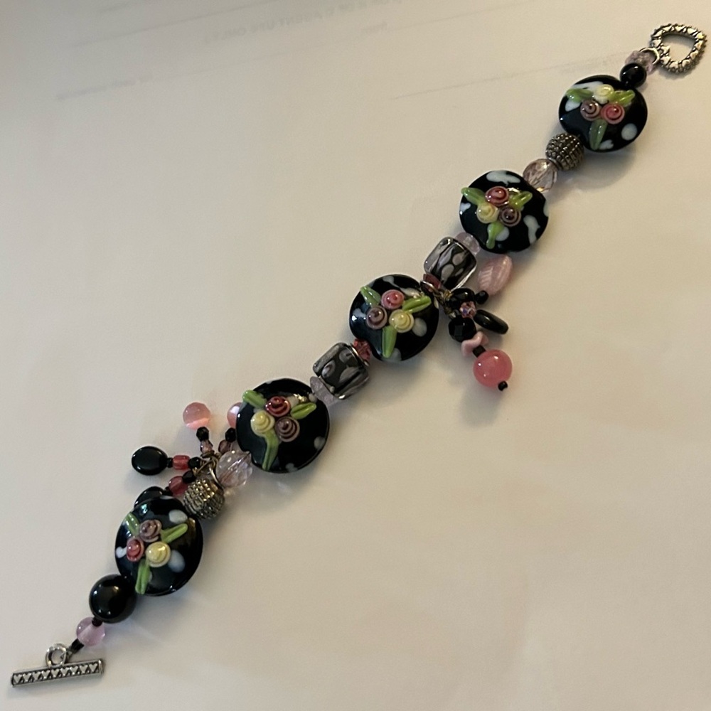Floral Lampwork Glass Beaded Heart Toggle Hook Bracelet